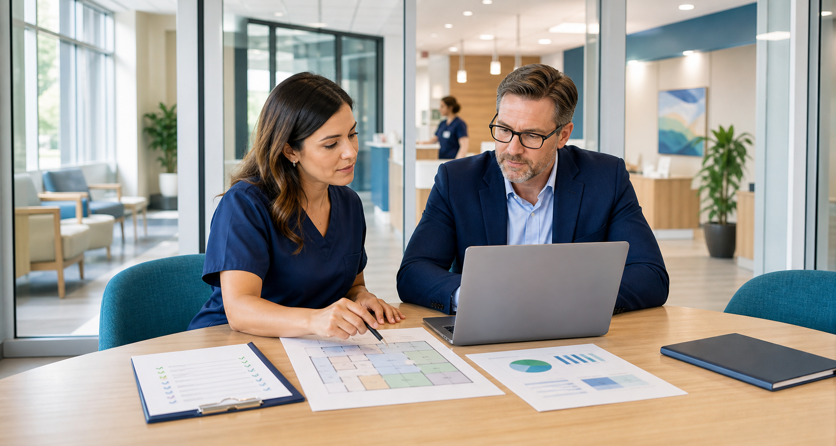 A healthcare entrepreneur and operations advisor reviewing a clinic plan
